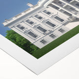 Art deco poster of the White House in muted gray tones on rolled canvas, suitable for dining room wall art.