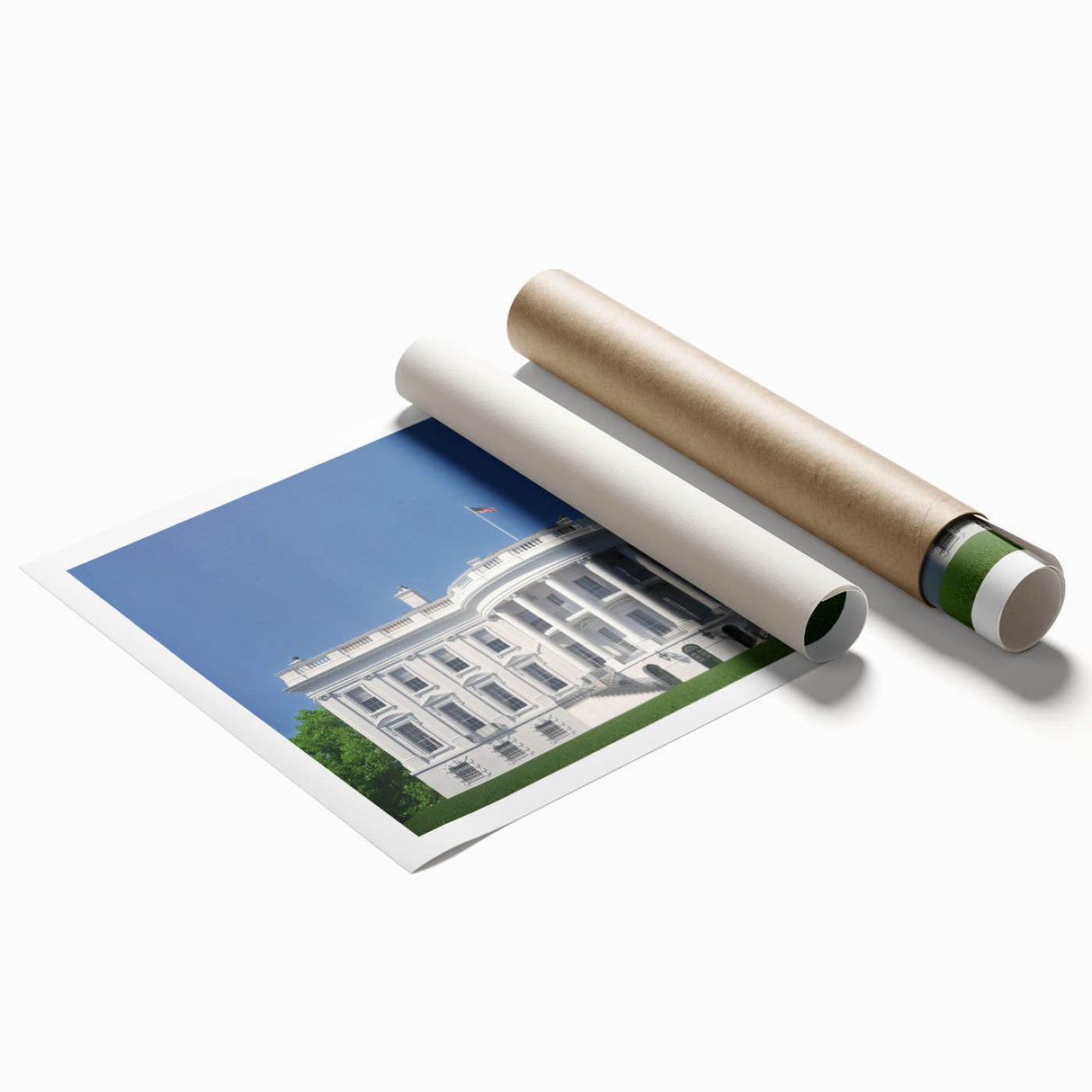 Rolled print of the White House in Washington DC, rendered in muted gray tones, ideal for classy bathroom wall art.