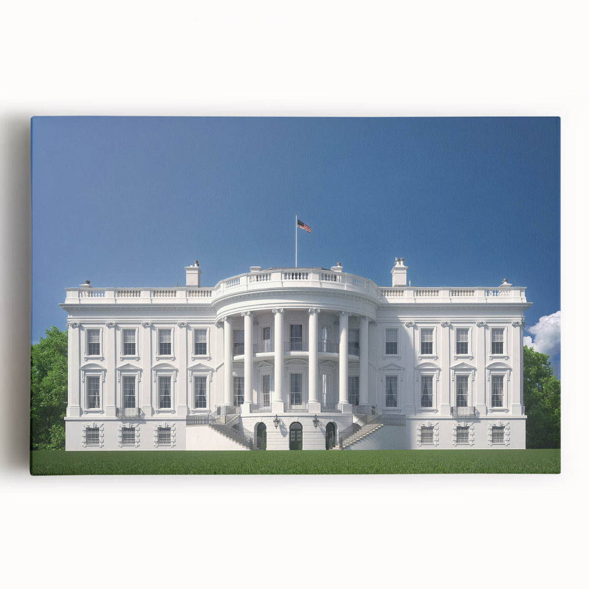 Black and white print of the White House on stretched canvas, suitable for kitchen wall art.