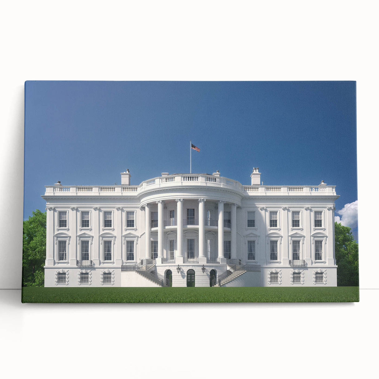 Black and white stretched canvas featuring the White House in Washington D.C., ideal for kitchen wall art or bedroom decor.