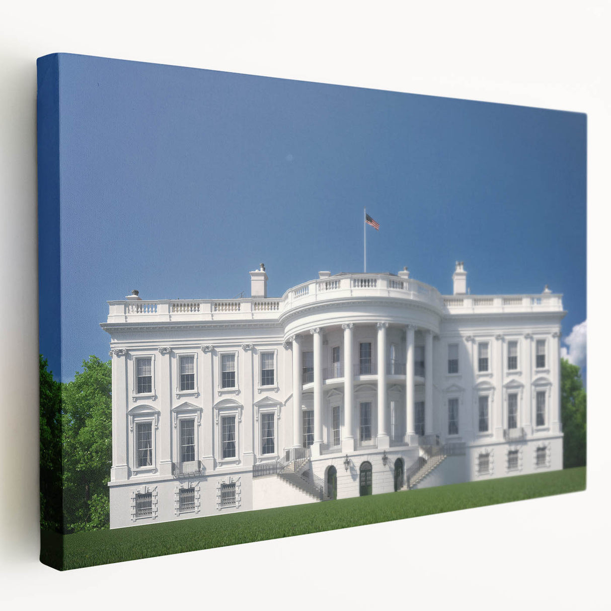 Washington DC White House depicted in realistic style on large stretched canvas, with soft gray tones.