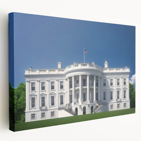 Washington DC White House depicted in realistic style on large stretched canvas, with soft gray tones.