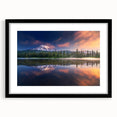 Extra large abstract art print of Mount Rainier with textured, colorful palette on framed black mat.