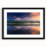 Extra large abstract art print of Mount Rainier with textured, colorful palette on framed black mat.