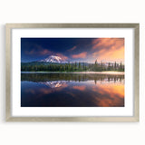 Textured art print of Mount Rainier in muted earth tones, framed in silver, ideal for bedroom art.