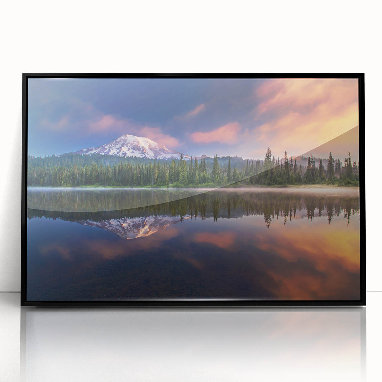 Framed acrylic print of Mount Rainier with a large abstract design in muted earth tones, suited for modern art wall decor.