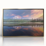 Mid-century modernist acrylic print of Mount Rainier in muted earth tones, framed in gold.