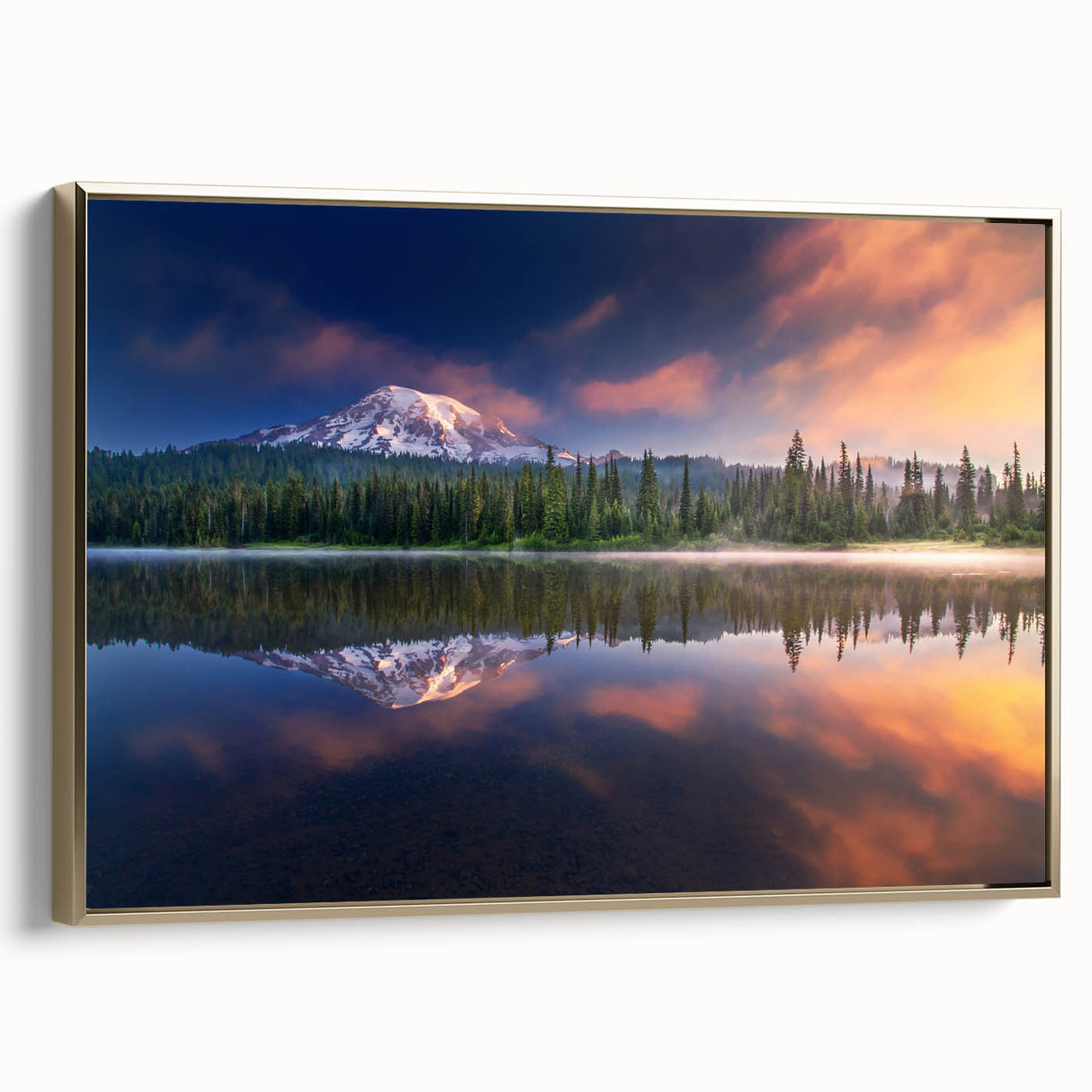 Framed canvas of Mount Rainier landscape in muted earth tones, ideal for bedroom wall art.