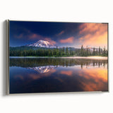 Framed canvas landscape art painting of Mount Rainier with a silver frame, featuring vibrant green and blue tones.