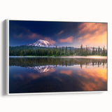 Vintage poster art of Mount Rainier with colorful palette, framed in white, ideal for large living room walls.