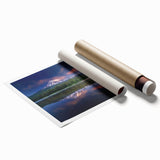 Rolled print of Mount Rainier with lush greenery in soft earth tones, ideal for classy bathroom wall art.