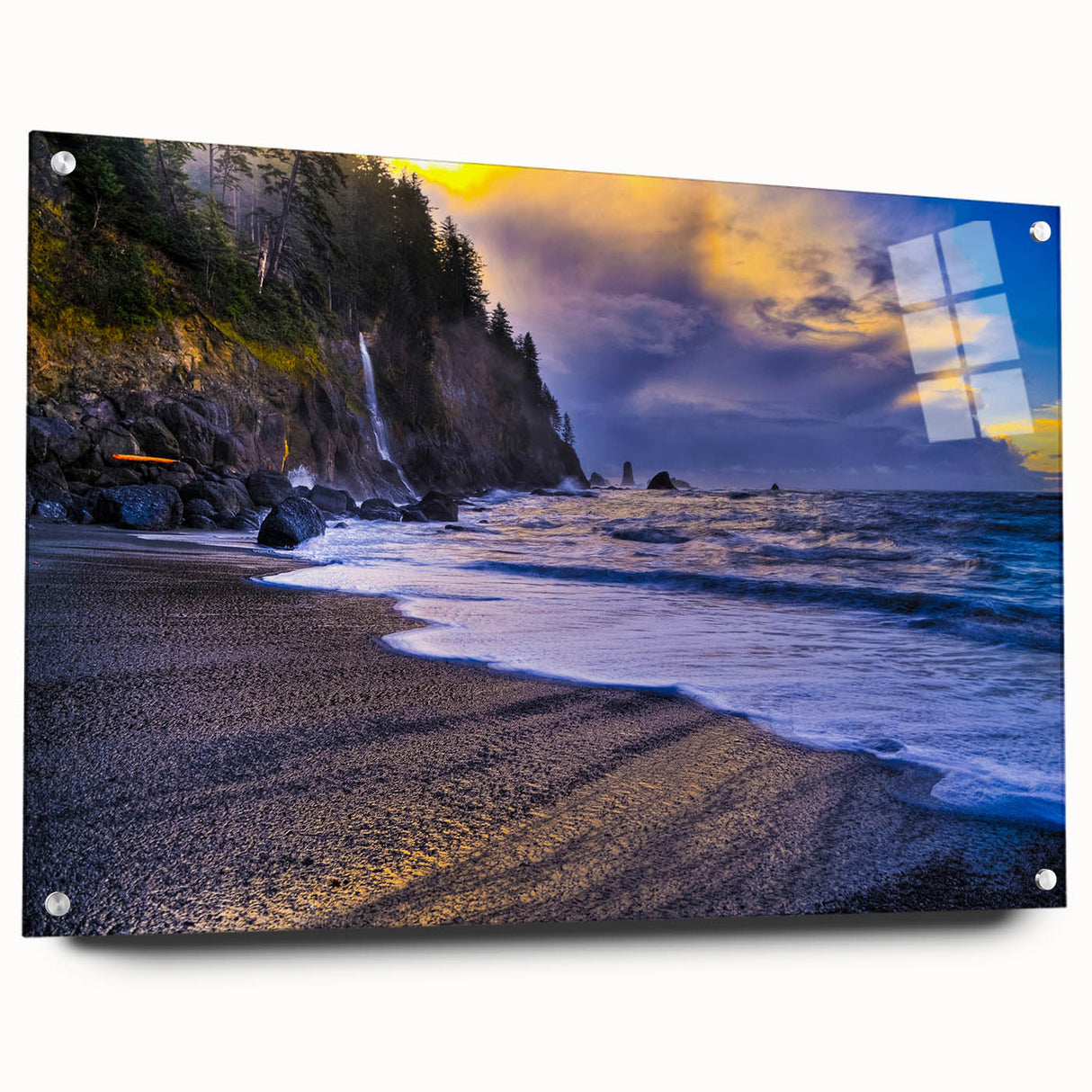 Acrylic print of Olympic National Park with lush greenery and mountain backdrop, ideal for bedroom or dining room decor.