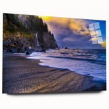 Large abstract wall art of Olympic scenery in muted earth tones on acrylic glass, suitable for bedroom or dining room decor.