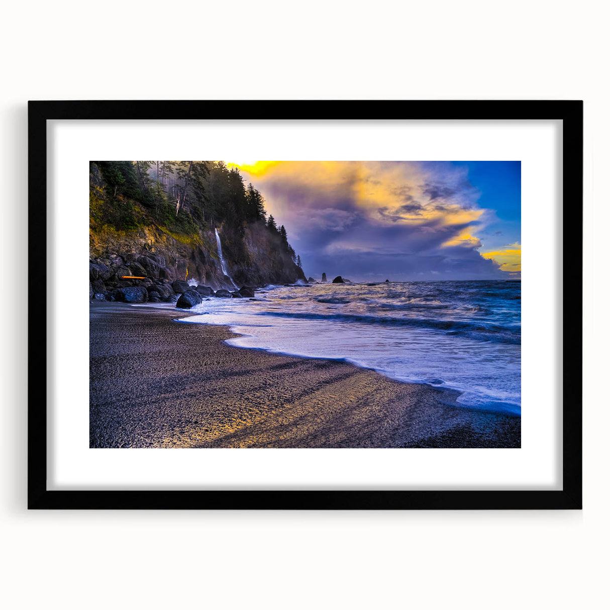 Abstract art print of Olympic scenery in vibrant colors on a large framed canvas, ideal for living room decor.