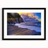 Colorful abstract art print of the Olympic scenery, in vibrant hues on a textured, extra-large canvas, framed in black.