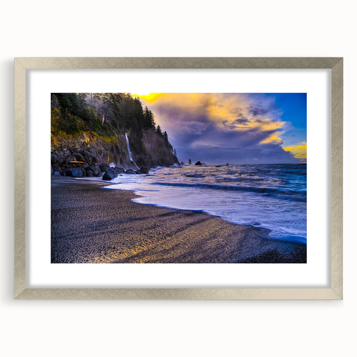 Textured art print of the Olympic National Park in muted earth tones on a silver-framed mat, suitable for bedroom decor.