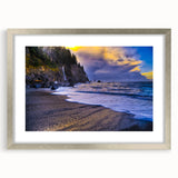 Textured art print of the Olympic National Park in muted earth tones on a silver-framed mat, suitable for bedroom decor.