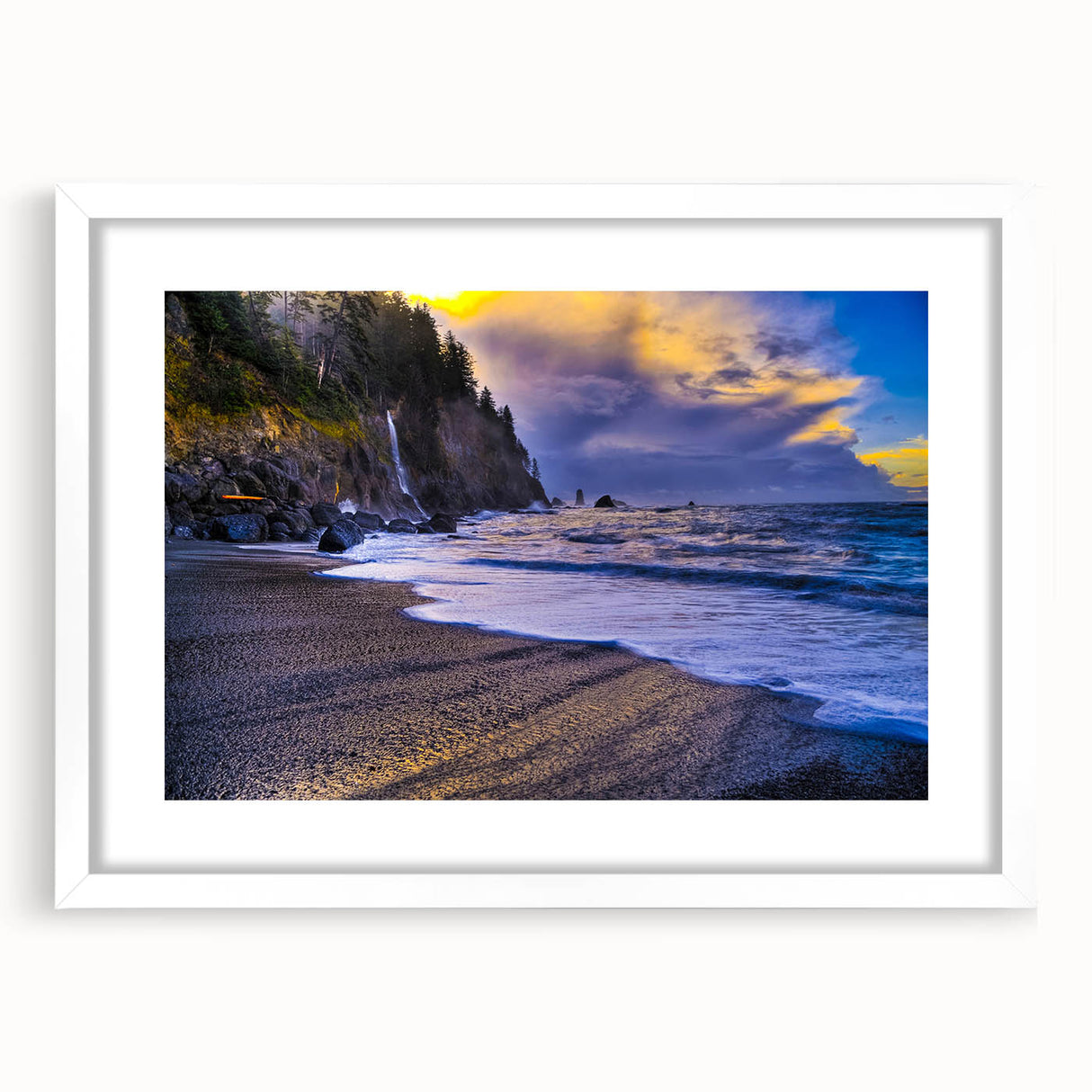 Abstract art print of Olympic National Park in muted earth tones on a white framed mat.