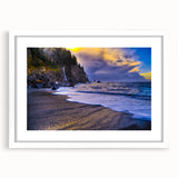 Abstract art print depicting a muted color palette Olympic scenery, framed in white, ideal for bedroom or dining room decor.