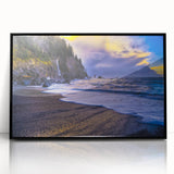 Large abstract wall art depicting the Olympic mountains in muted earth tones, framed in black acrylic.