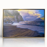 Large art print of Olympic National Park in muted earth tones on framed acrylic, in mid-century modernist style.