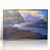 Mid-century modernist art depicting Olympic National Park in muted earth tones, framed acrylic print.