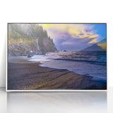 Framed acrylic print of Olympic National Park with lush greenery and mist, in art deco style.