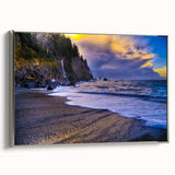 Framed canvas landscape art painting featuring the Olympic National Park with a vintage poster style in vibrant colors.