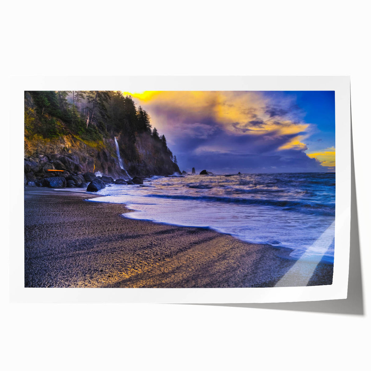 Olympic National Park landscape on rolled print, featuring lush green forests and mountain views.