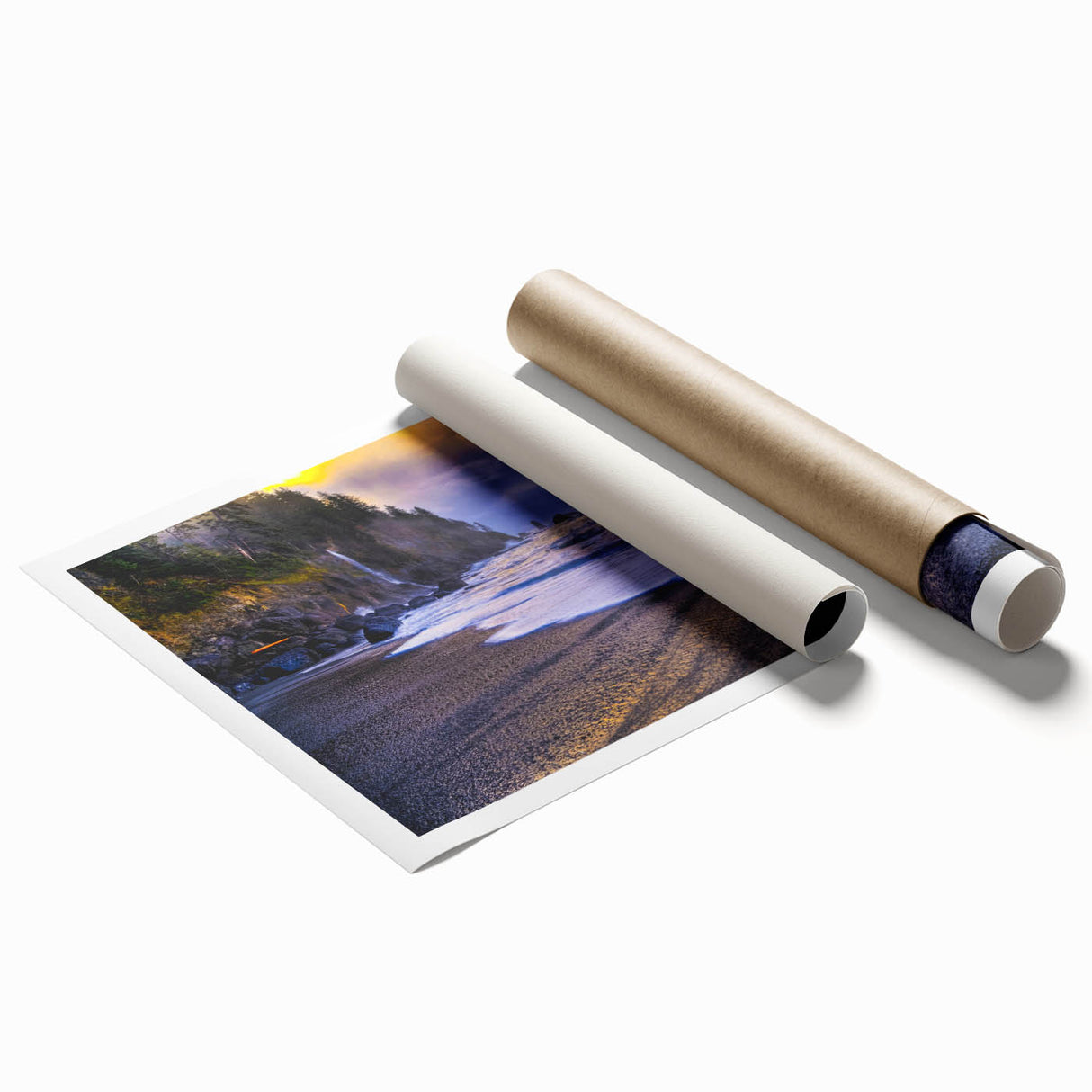 Olympic National Park scenery on a rolled print, featuring vivid green and blue tones.