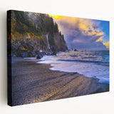 Large stretched canvas featuring a serene Olympic National Park landscape in muted green and blue tones.