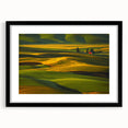 Extra large abstract art print depicting the colorful Palouse scenery on textured canvas, framed in black.