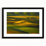 Extra large abstract art print depicting the colorful Palouse scenery on textured canvas, framed in black.