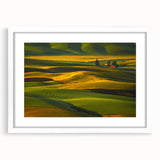 Abstract art print of Palouse fields in muted green and yellow tones on a white-framed mat, ideal for dining room decor.