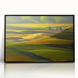 Large abstract wall art of Palouse, Washington in muted earth tones on a black-framed acrylic print.