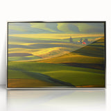 Mid-century modernist art depicting the rolling hills of Palouse, USA in muted green tones on a framed acrylic panel.