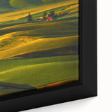Extra large framed canvas of textured Palouse scenery in black with colorful accents, ideal for living room decor.
