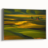 Framed canvas landscape art painting of the Palouse fields, featuring a blend of green and golden hues.