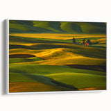 Vintage poster art of Palouse, Washington on a framed canvas, featuring colorful rolling hills, ideal for living room decor.
