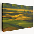 Rolling hills of Palouse in earthy green tones on stretched canvas, suitable for kitchen wall art.