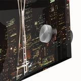 Acrylic print of Seattle skyline in muted gray and blue tones, ideal for dining room art in a mid-century modernist style.