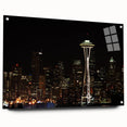 Acrylic print of Seattle skyline in muted blue and gray tones, suitable for modern dining room decor.