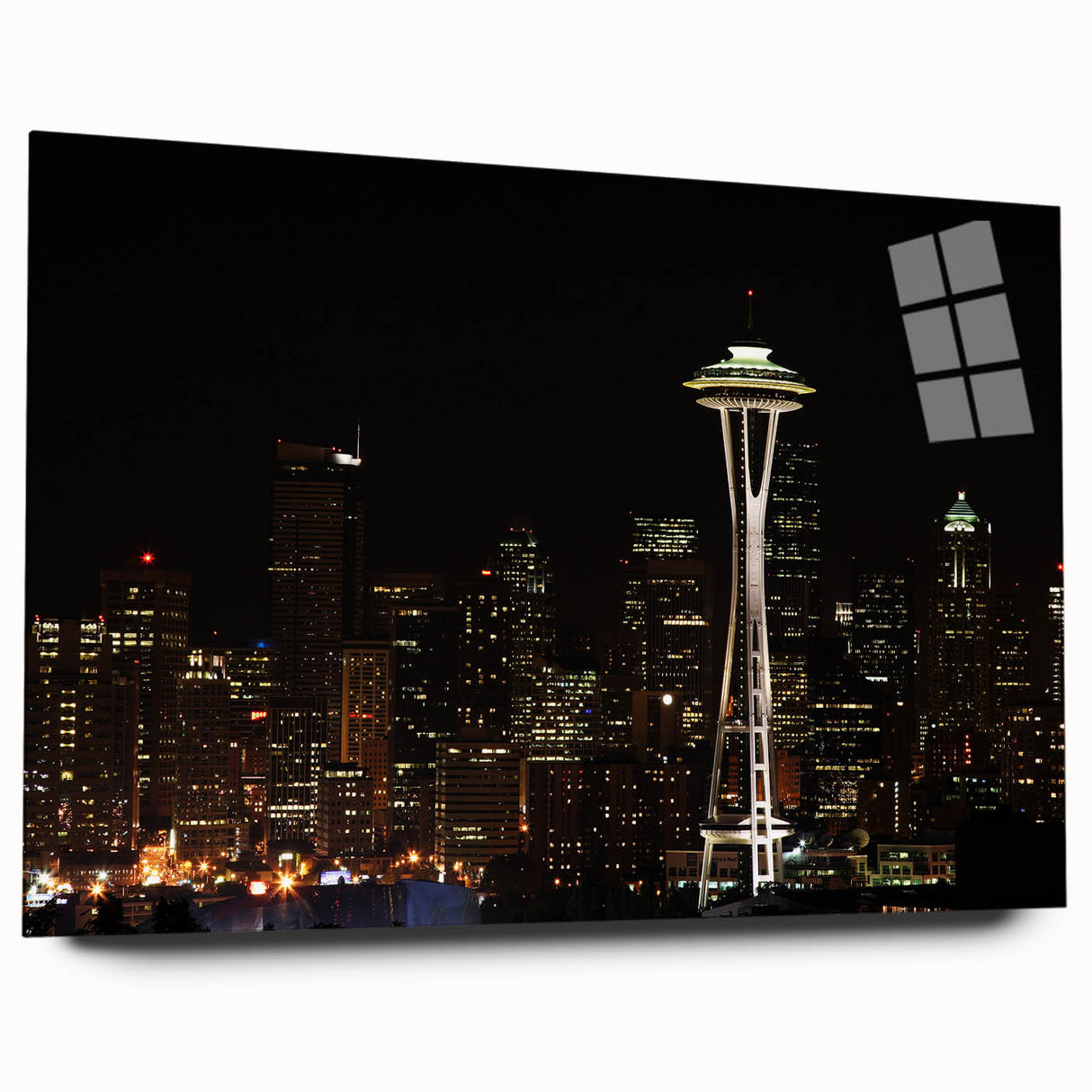 Acrylic print of large abstract Seattle scenery in muted blue and green tones, suitable for bedroom or dining room art.
