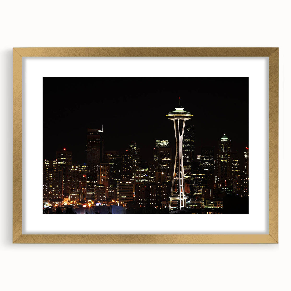Extra large abstract art print of Seattle skyline in muted gray and gold tones on a framed canvas.