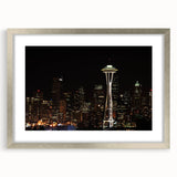 Textured abstract art print of Seattle skyline in muted gray, framed in silver, ideal for bedroom art.