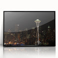 Large abstract wall art depicting the Seattle skyline in muted gray tones on a framed acrylic panel.