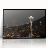 Large abstract wall art depicting the Seattle skyline in muted gray tones on a framed acrylic panel.