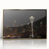 Acrylic print of Seattle skyline in muted gold tones, framed, ideal for modern art wall decor.