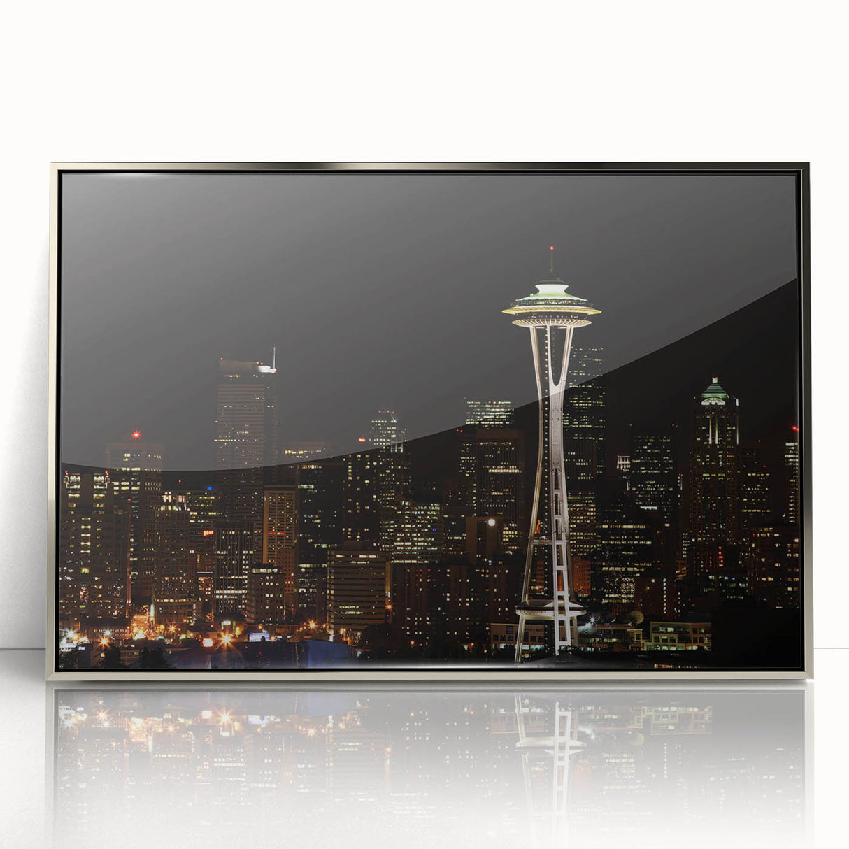 Mid-century modernist art of Seattle skyline in muted blues and grays on a framed acrylic print.