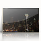 Mid-century modernist art of Seattle skyline in muted blues and grays on a framed acrylic print.